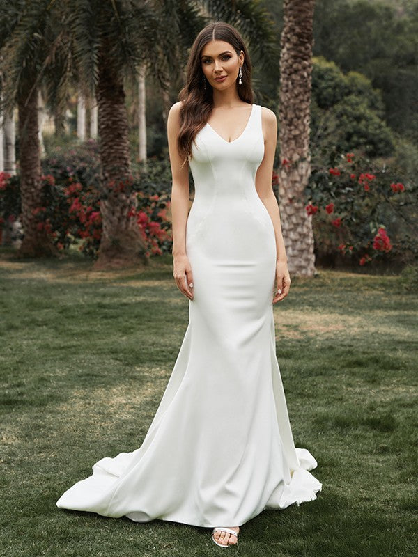 Wholesale Sheath/Column Sleeveless Stretch Crepe V-neck Ruffles Sweep/Brush Train Wedding Dresses